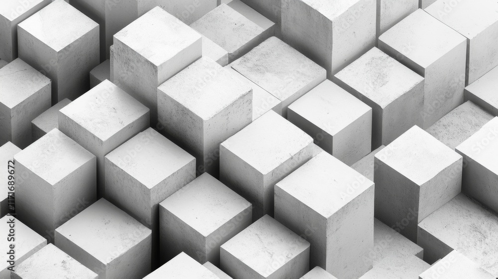 Poster abstract grayscale image of various sized concrete cubes.