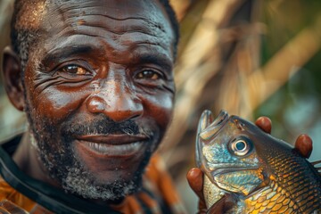 A joyful fisherman proudly holds his catch, reflecting the simplicity and joy of traditional fishing life.