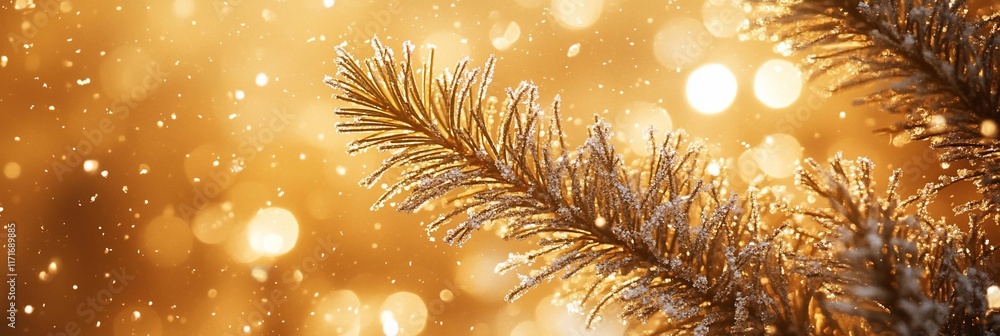 Aufkleber frosty pine branch with bokeh lights.