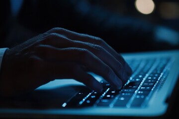 Businessman working on laptop computer, hand typing on keyboard on table at office with dark