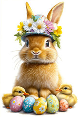 A rabbit wearing a flower crown sitting next to a bunch of eggs