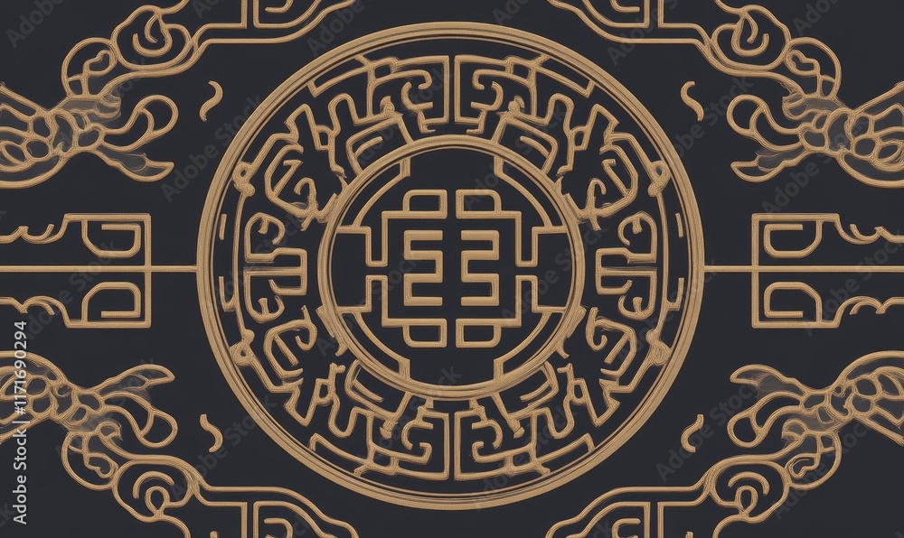 Poster decorative circular pattern with intricate designs and symbols.