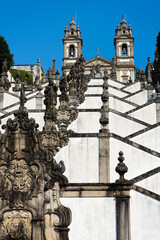 Fototapeta premium Sanctuary of Bom Jesus do Monte on Sunny Day. White Stairway and Church. Braga, Portugal