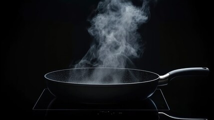 A black pan with steam rising from it on an electric stove against a dark background.