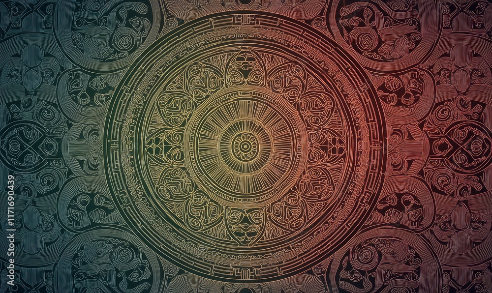 Poster intricate circular design with ornate patterns and a gradient background.