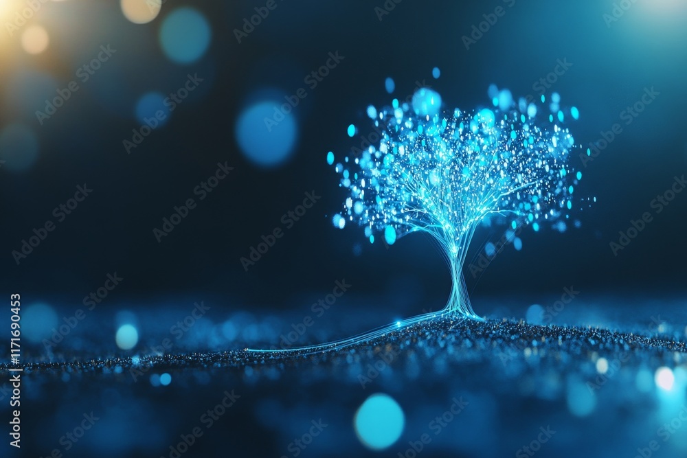 Poster tree made of blue dots is on a dark background