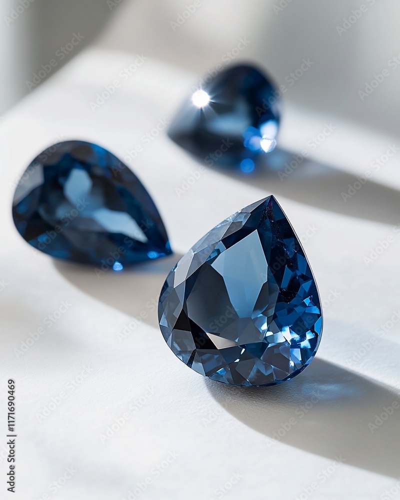 Poster three pear-shaped, deep blue gemstones arranged on a white surface, illuminated by soft light, showc