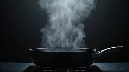A black pan with steam rising from it on an electric stove against a dark background.