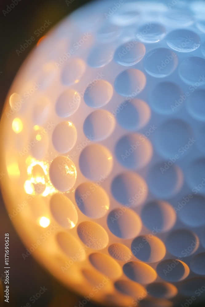 Poster close-up of a golf ball illuminated from behind, showing texture and dimples.