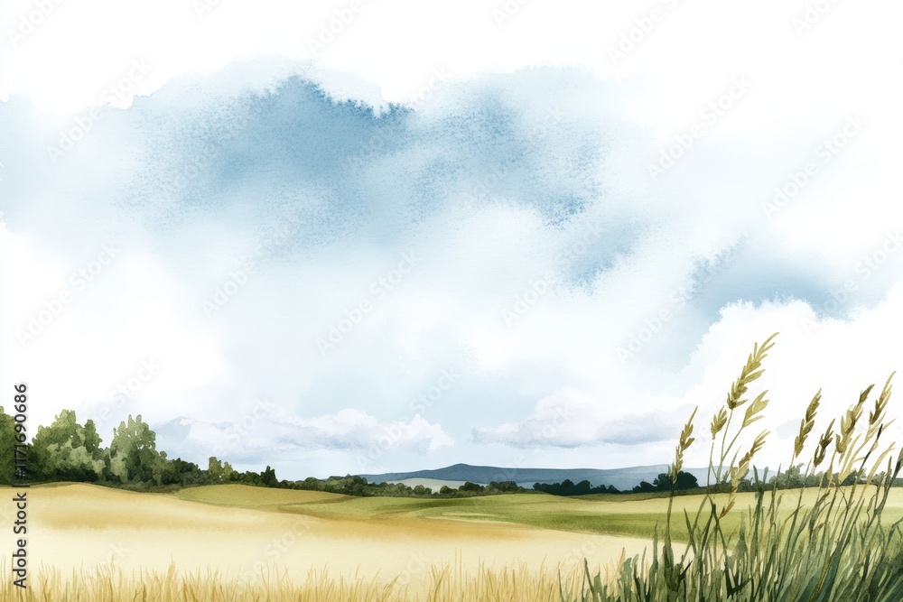 Poster field of grass with a cloudy sky in the background