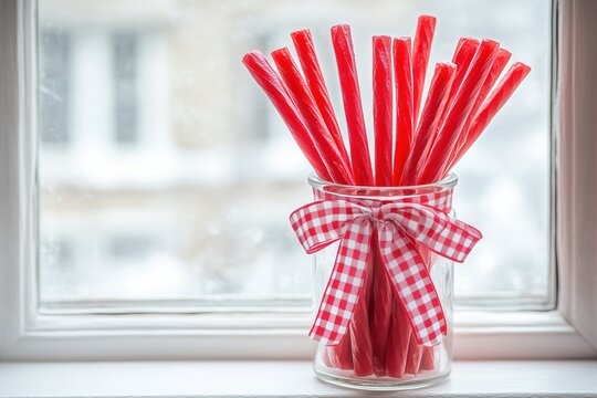 Glass jar with red candy sticks and gingham ribbon