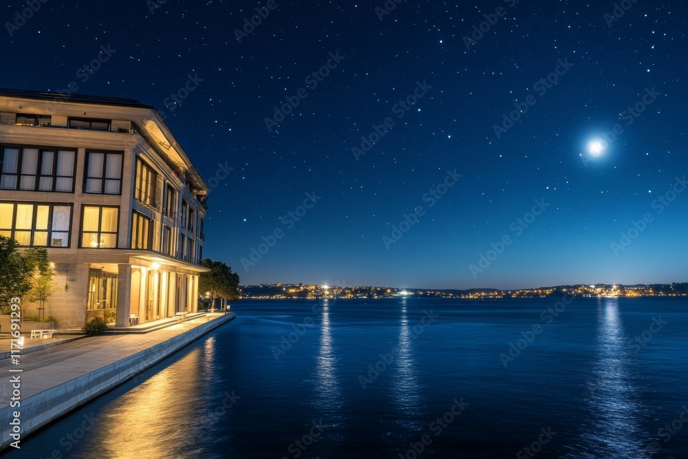 Poster large building with a pool and a lake in the background