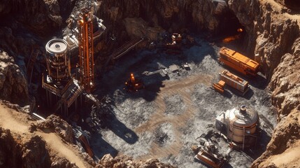Fototapeta premium Aerial view of an open-pit mine with machinery and equipment.
