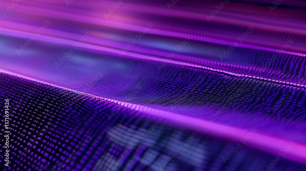 Poster Abstract purple digital wave background with glowing lines and data points.