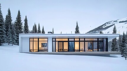 Fototapeta premium A minimalist, modern house in the snow, with large windows and sliding doors on two sides of an open deck that extends across all three walls.