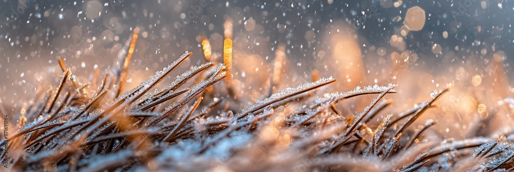 Poster Frosty grass blades with bokeh and falling snow.