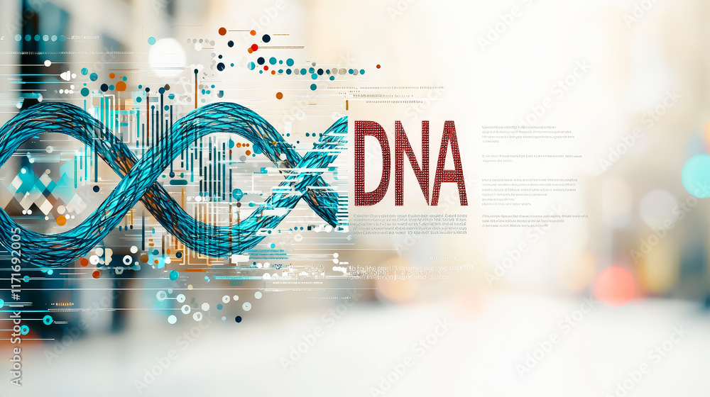 Poster Innovative representation of DNA structure with digital elements emphasizing genetics and biotechnology advancements