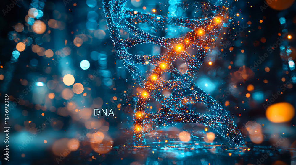 Poster Colorful visualization of DNA structure with glowing particles in a scientific setting