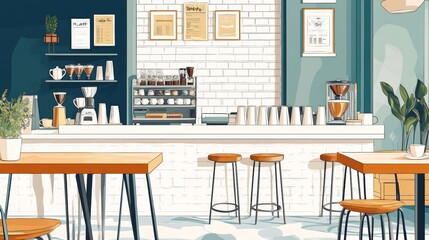 A cozy café interior featuring a coffee bar with seating and decorative elements.
