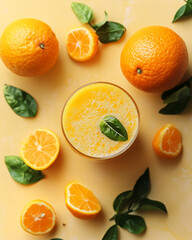 Freshly squeezed orange juice surrounded by vibrant oranges and green leaves