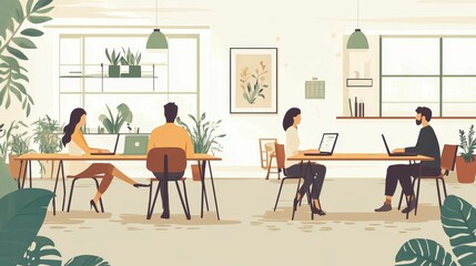 Modern office, four people working, plants, laptops.