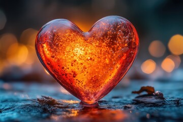 Fototapeta premium Glowing Red Glass Heart in Soft Candlelight