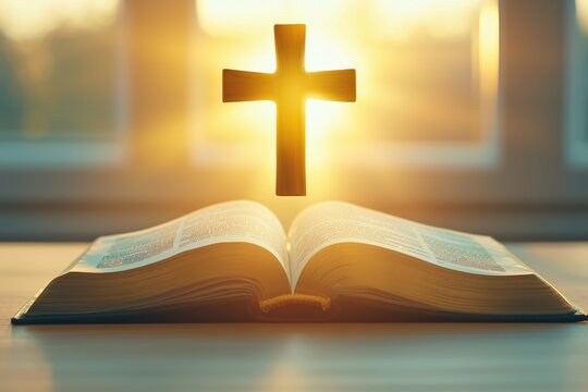 Bright sun light and bible book silhouette of the Holy Jesus Christ Cross guiding the bright path	