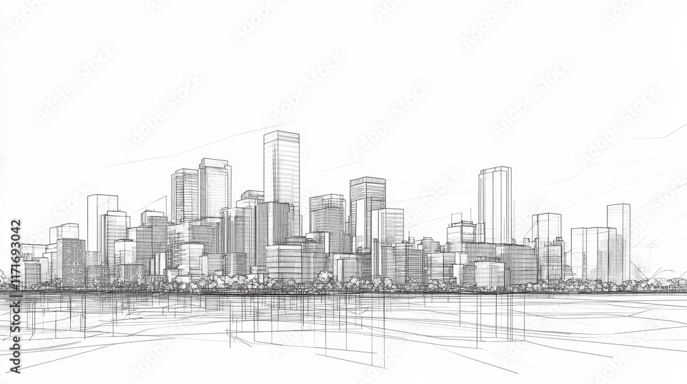 Poster a minimalist line drawing of a city skyline with various building shapes and structures.