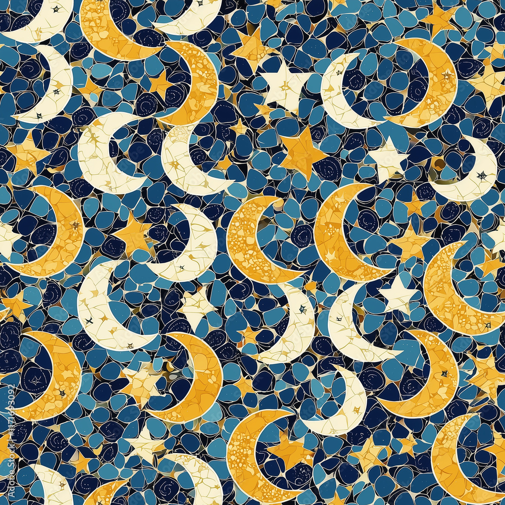 Poster seamless pattern of colorful pattern featuring moons and stars in gold and blue hues, creating a whi