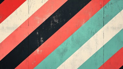 Diagonal stripes in red, black, teal, and off-white on a textured background.