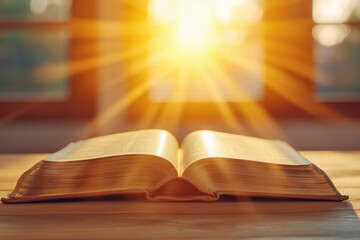 Bright sun light and bible book silhouette of the Holy Jesus Christ guiding the bright path 