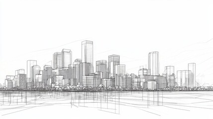 A minimalist line drawing of a city skyline with various building shapes and structures.