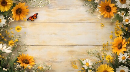 Rustic floral frame with wild daisies and golden sunflowers on wood, digital render 