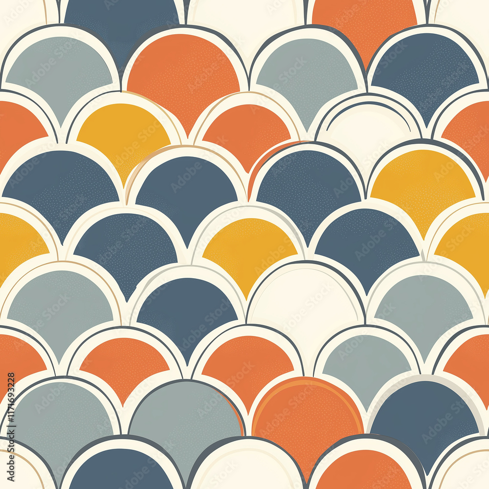Poster seamless pattern of colorful scalloped pattern with blue, orange, and cream hues, creating a retro a