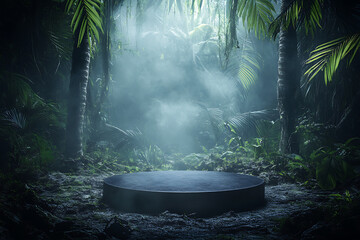 3d podium background product green nature forest green plant, pedestal black stone display product cosmetic podium mockup, dynamic mysterious forest studio dust backdrops