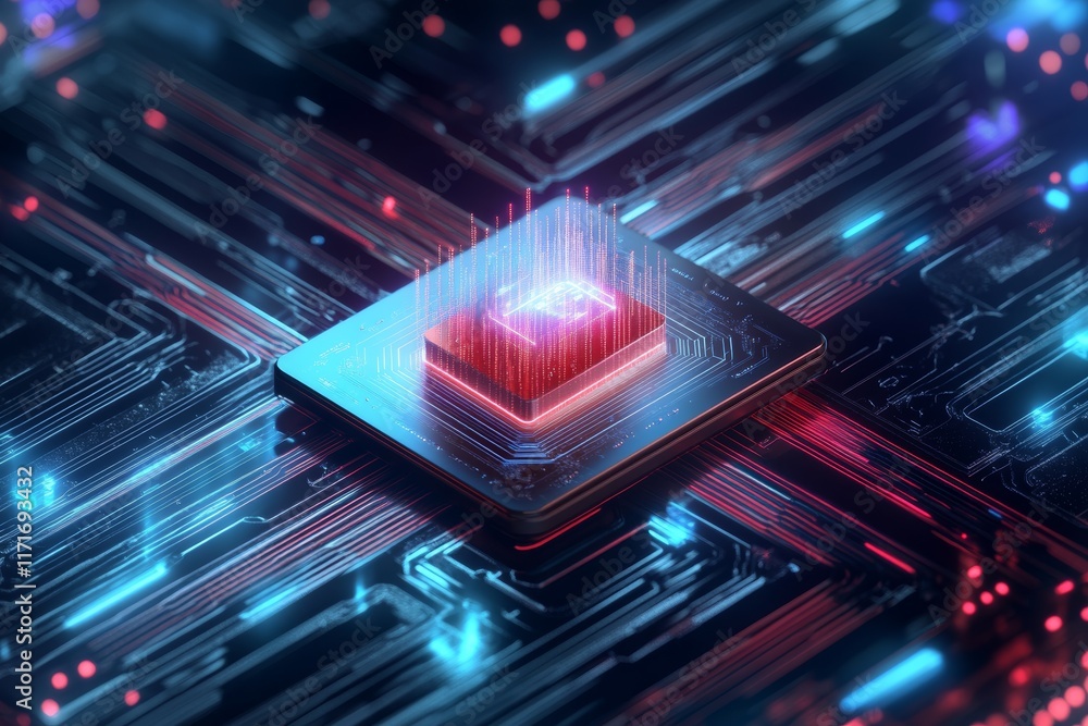 Poster computer chip is shown in a blue and red color scheme