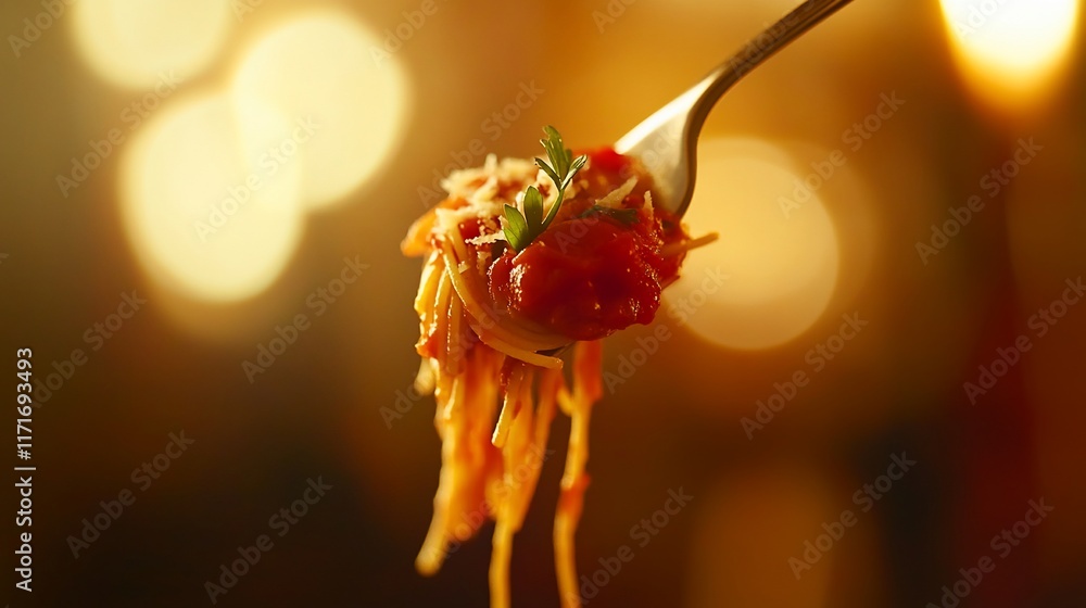 Poster close-up of spaghetti with tomato sauce on a fork.