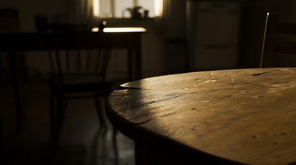 Dust Mote in Sunlight: A solitary dust mote dances in a sunbeam piercing through a room, illuminating the texture of an old wooden table, evoking a sense of quiet, forgotten moments.