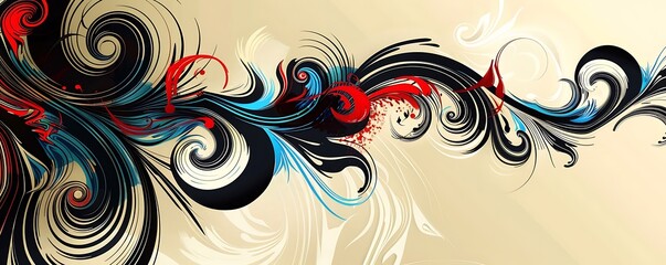Abstract background with swirls of black, red, and blue on solid beige.