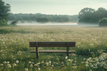 Obraz premium A peaceful scene of a wooden bench in a misty field filled with dandelions, inviting solitude and tranquility.