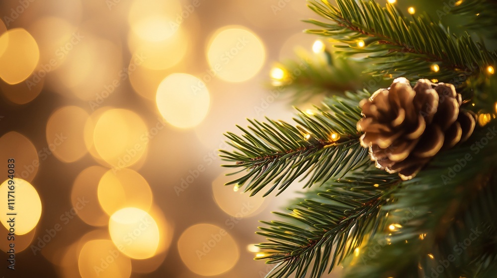 Poster close-up of a decorated pine branch with warm bokeh background.