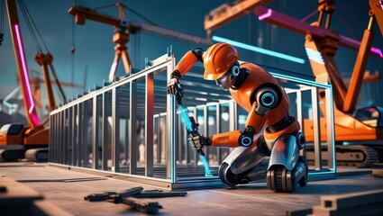 Robotic construction workers assemble modular buildings on a high-tech site urban setting futuristic