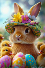 A bunny wearing a hat with flowers and eggs in the grass