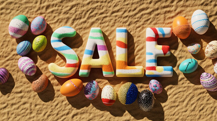 Obraz premium Vibrant SALE letters surrounded by colorful decorative Easter eggs on a textured sandy background, ideal for seasonal promotions