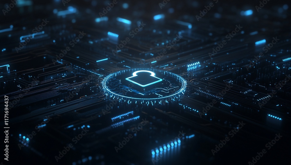 Poster cyber security concept glowing padlock icon on digital circuit board.