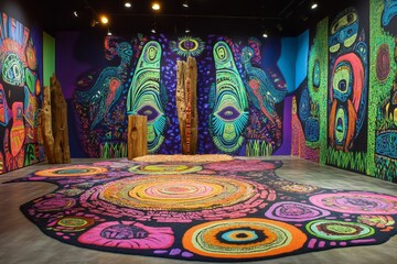 Fototapeta premium Vibrant wall art, colorful rug, wooden sculptures.