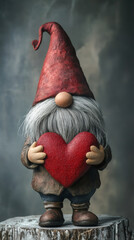 Lovely gnome with a red hat and gray beard holding a big red heart standing on a wooden surface