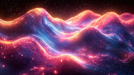 Obraz premium Abstract digital waveform design with neon blue, magenta, and green waves in motion, symbolizing energy, digital transformation, and the intersection of technology and nature in a futuristic style 