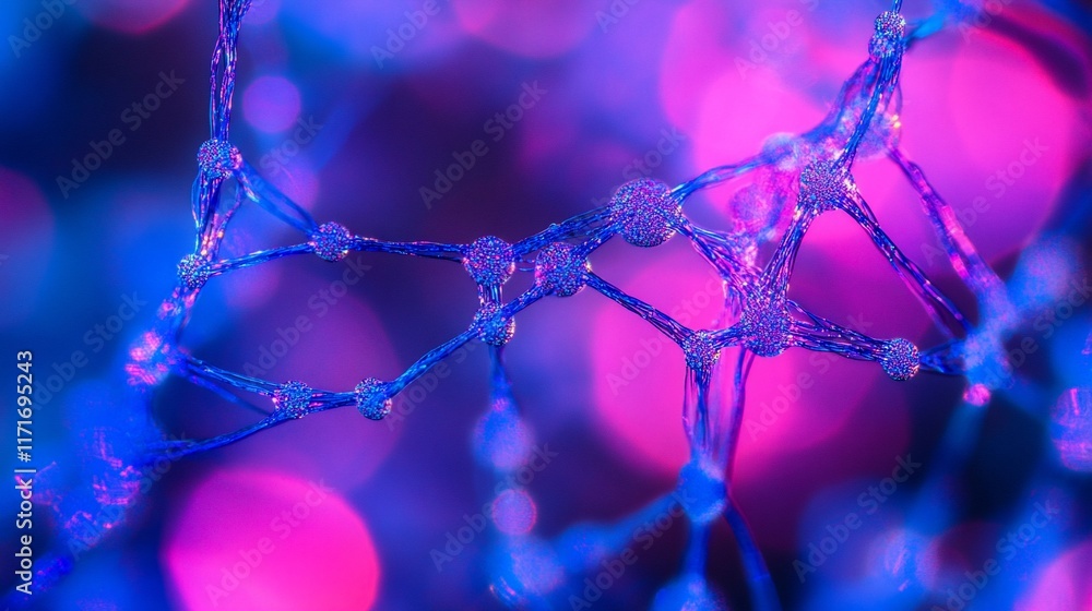 Fototapete Abstract 3D rendering of a complex network structure with glowing nodes and connections, set against a blurred background of pink and blue bokeh lights.