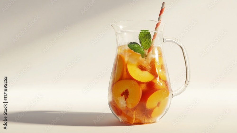 Poster refreshing peach iced tea in a glass pitcher with ice and mint garnish, illuminated by sunlight.